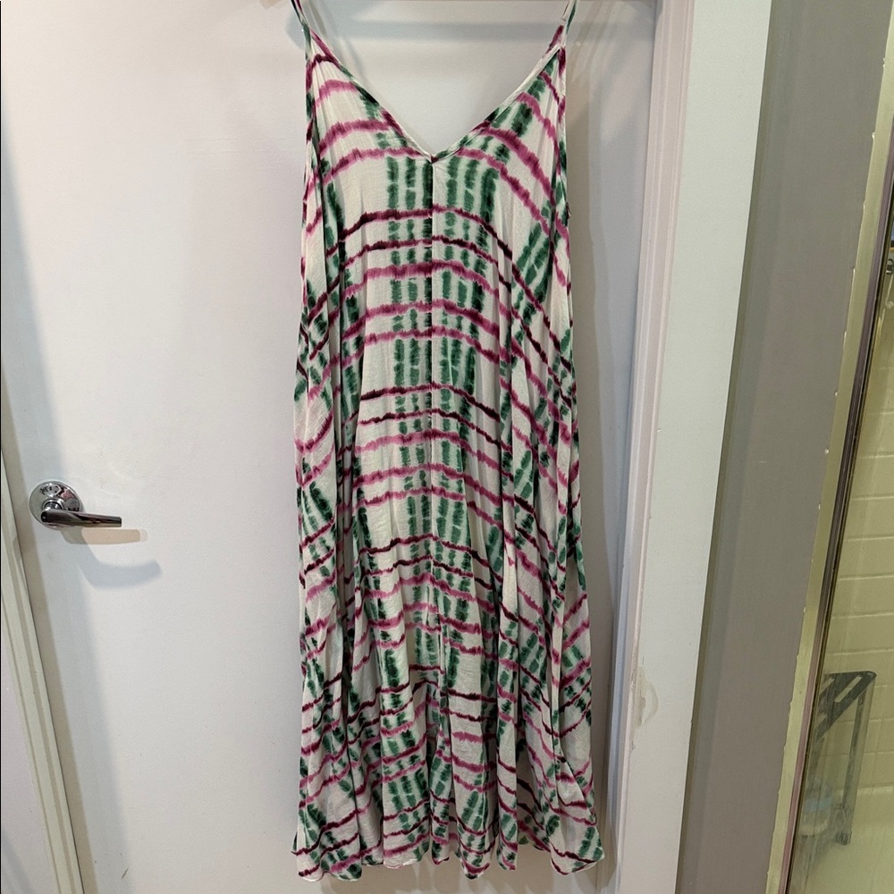 Tie-Dye Green & Pink Maxi Slip Dress with V-Neck